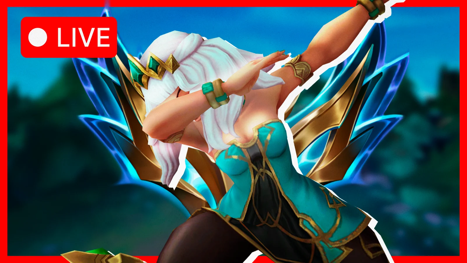 Qiyana dabbing in front of a Challenger badge, with a red LIVE border