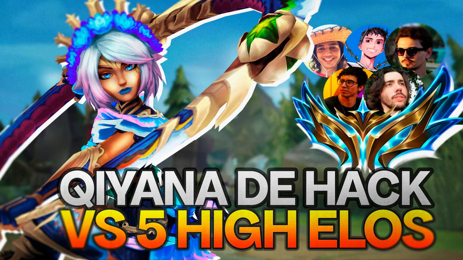 Battle Boss Qiyana, a Challenger badge and player portraits with the Portuguese text Qiyana de hack vs 5 high elos