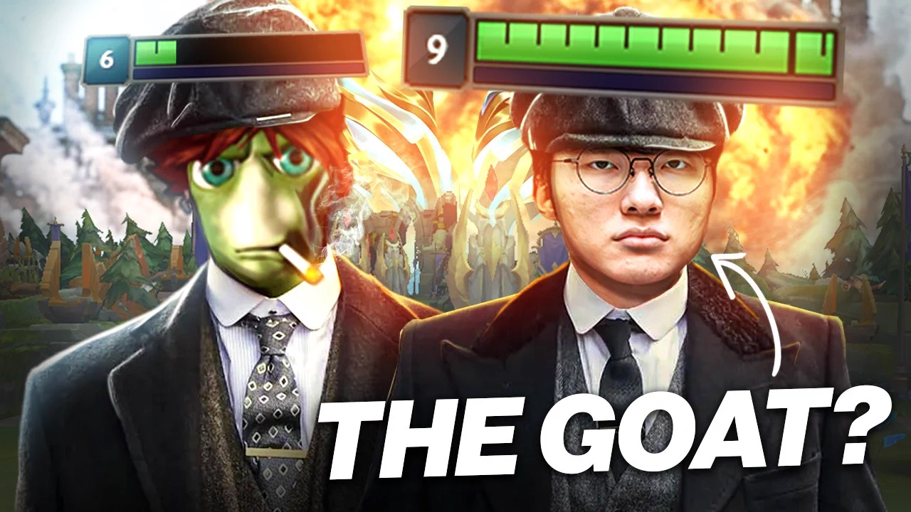 League of Legends thumbnail with two characters in suits and the text The GOAT?